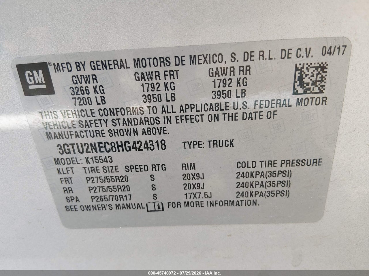 3GTU2NEC8HG****** · 2017 GMC SIERRA 1500 SLT · 9/11