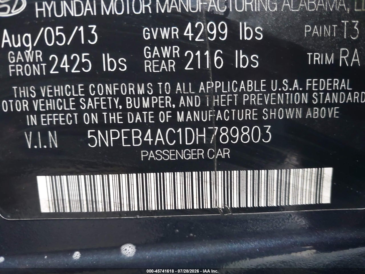 5NPEB4AC1DH****** · 2013 HYUNDAI SONATA GLS · 9/11