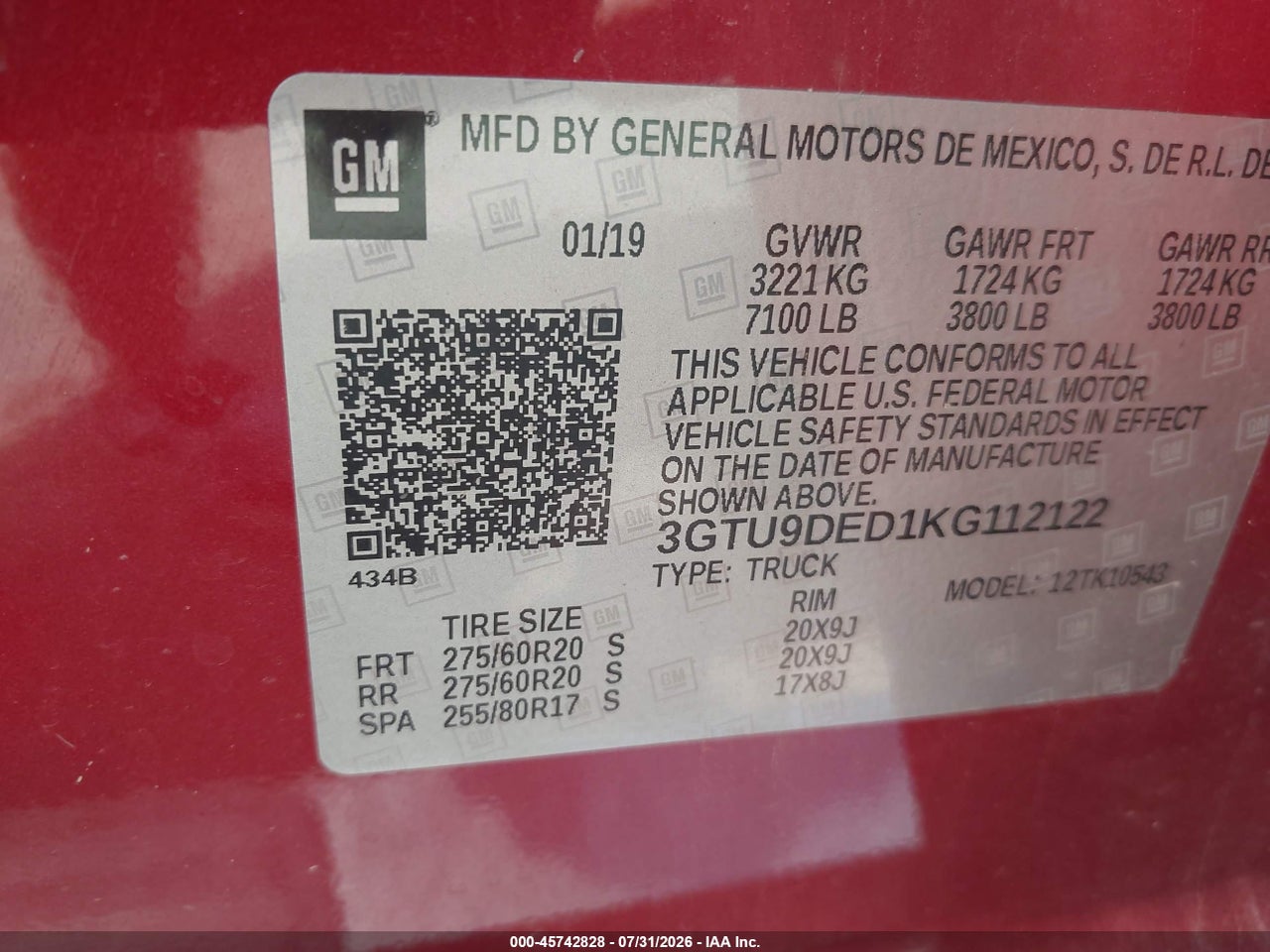 3GTU9DED1KG****** · 2019 GMC SIERRA 1500 SLT · 9/11