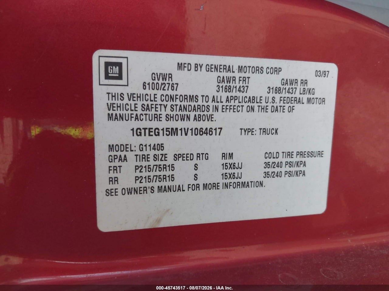1GTEG15M1V1****** · 1997 GMC SAVANA G1500 STANDARD · 9/11