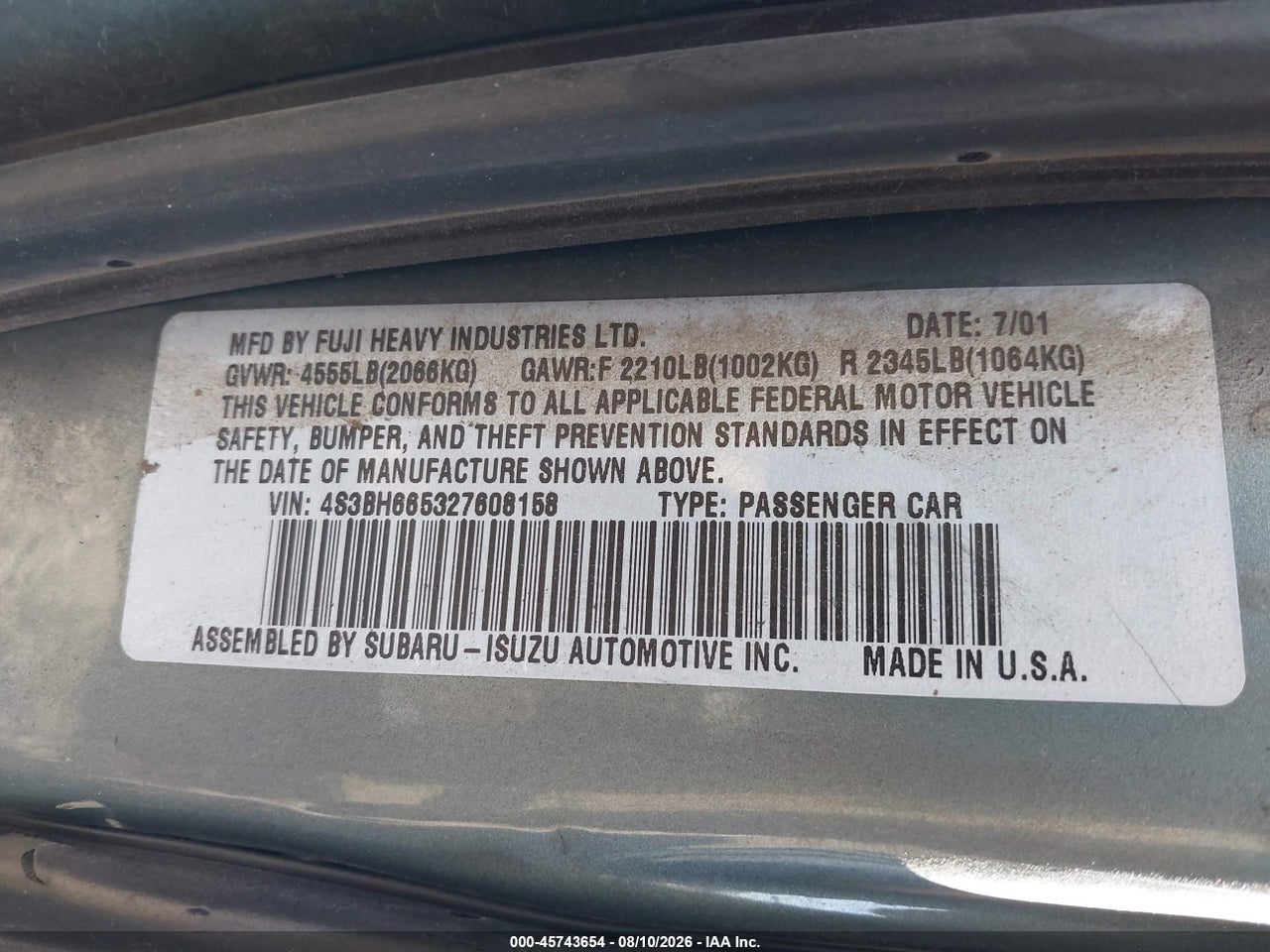4S3BH665327****** · 2002 SUBARU OUTBACK   · 9/11