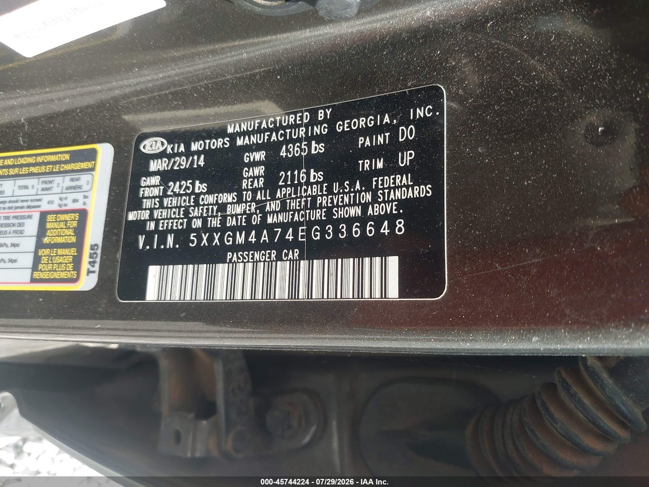 5XXGM4A74EG****** · 2014 KIA OPTIMA LX · 9/11
