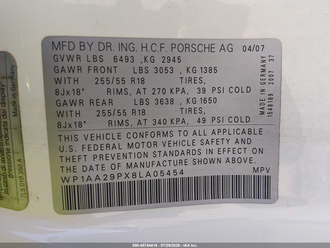 WP1AA29PX8L****** · 2008 PORSCHE CAYENNE   · 9/11