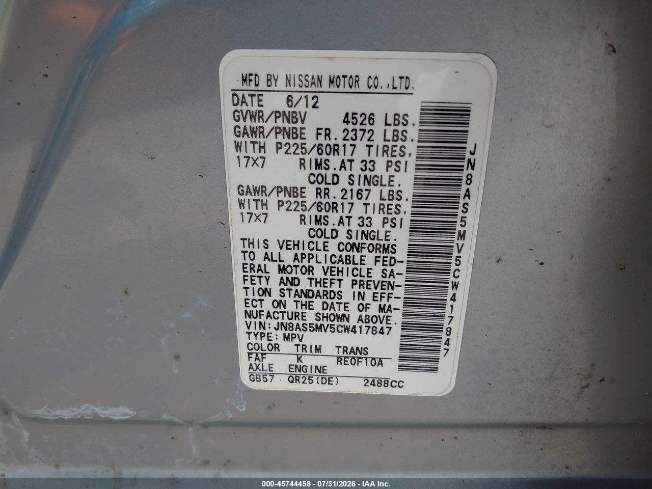 JN8AS5MV5CW****** · 2012 NISSAN ROGUE SV · 9/10