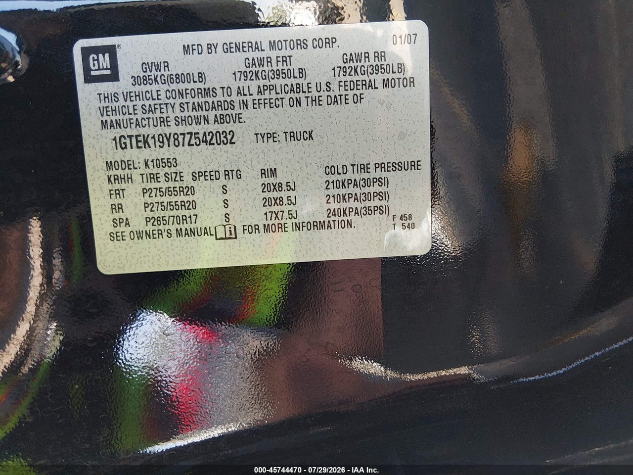 1GTEK19Y87Z****** · 2007 GMC SIERRA 1500 SLT · 9/11