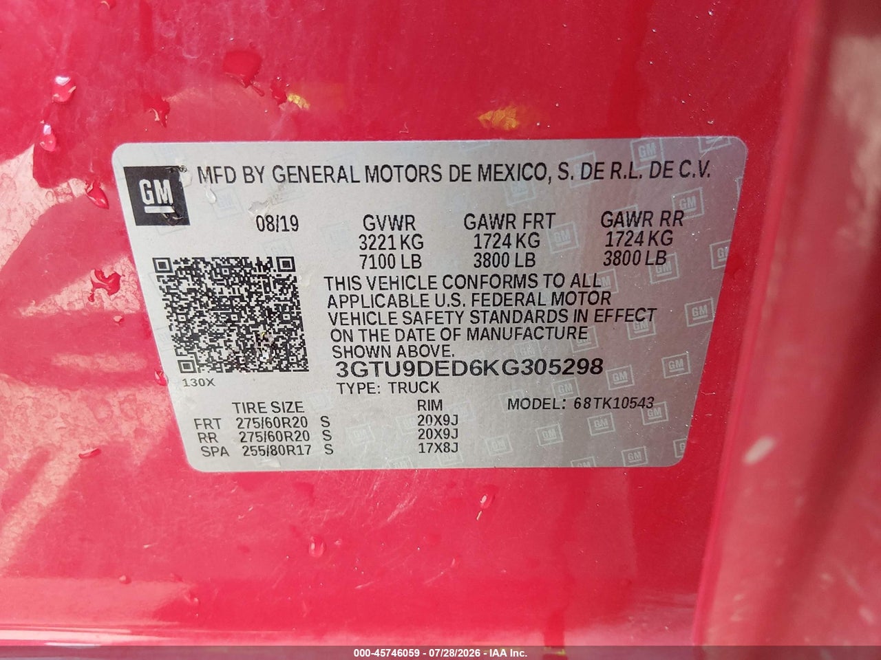 3GTU9DED6KG****** · 2019 GMC SIERRA 1500 SLT · 9/11