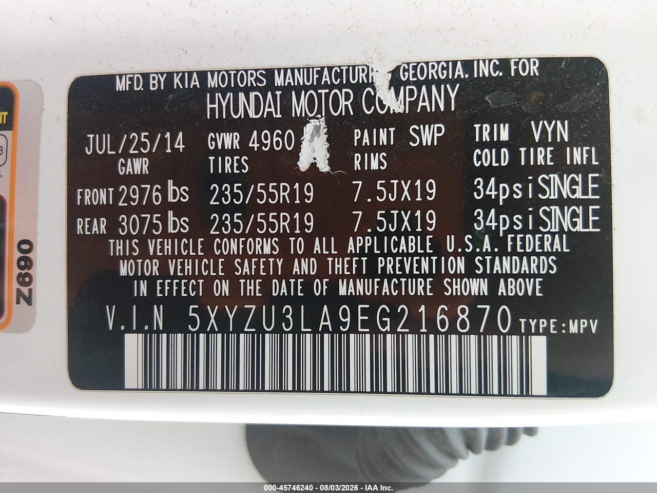 5XYZU3LA9EG****** · 2014 HYUNDAI SANTA FE SPORT 2.0L TURBO · 9/11