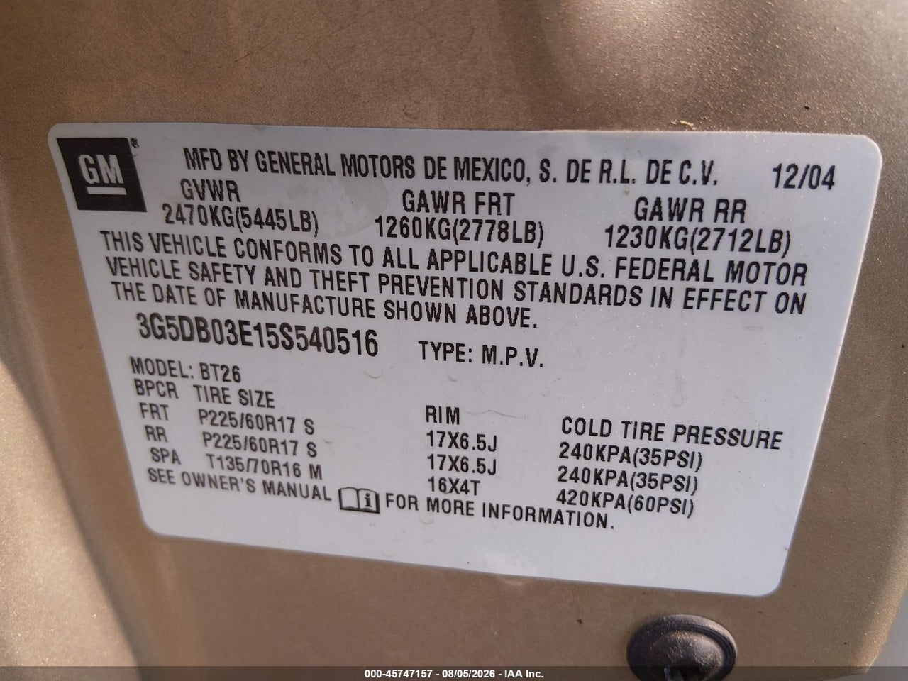 3G5DB03E15S****** · 2005 BUICK RENDEZVOUS CX · 9/11