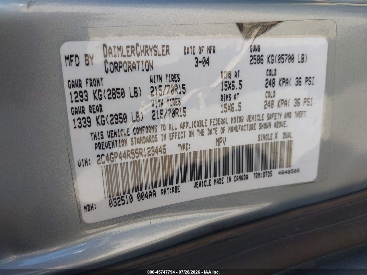 2C4GP44R55R****** · 2005 CHRYSLER TOWN &amp; COUNTRY LX · 9/10