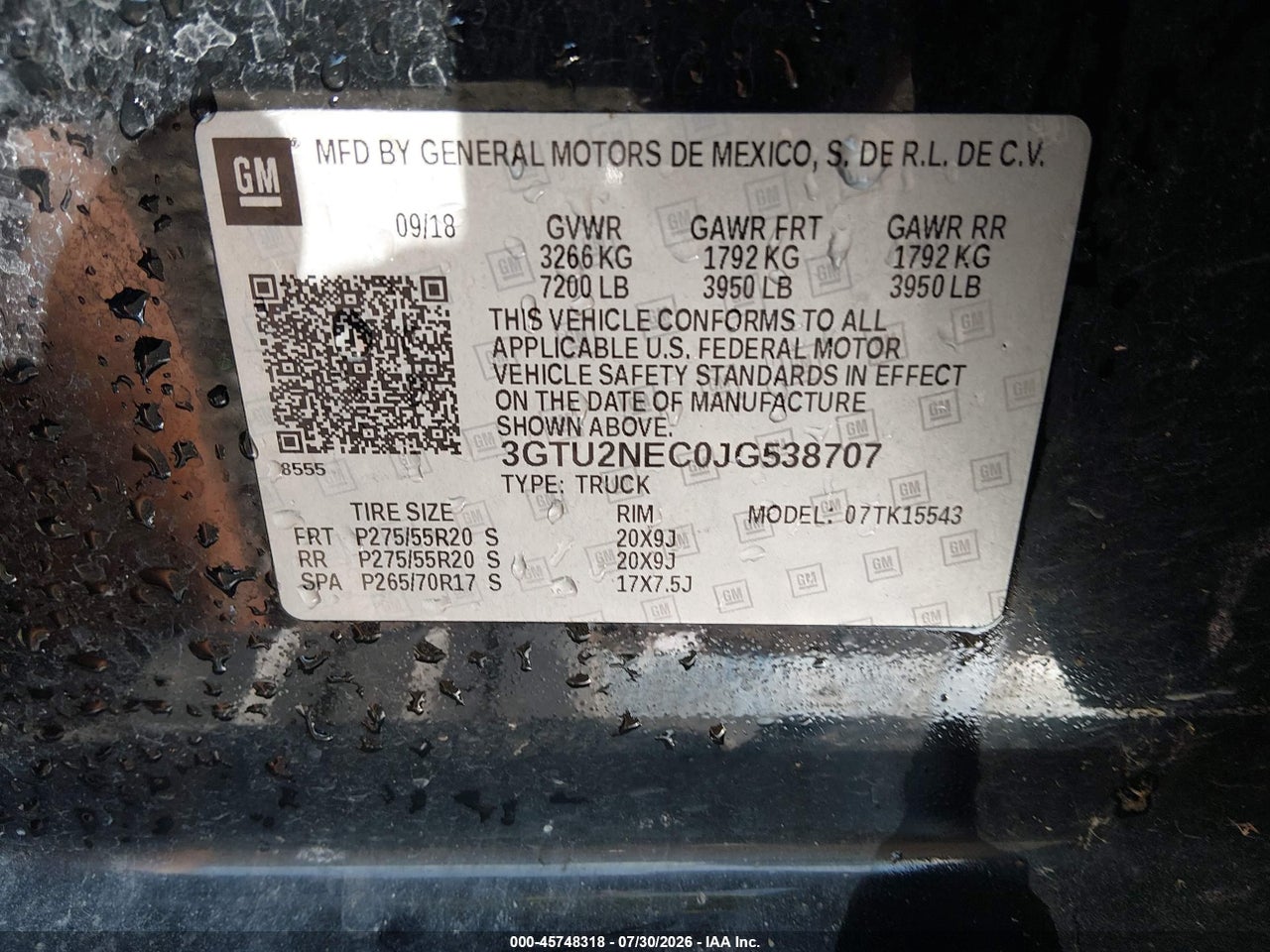 3GTU2NEC0JG****** · 2018 GMC SIERRA 1500 SLT · 9/11