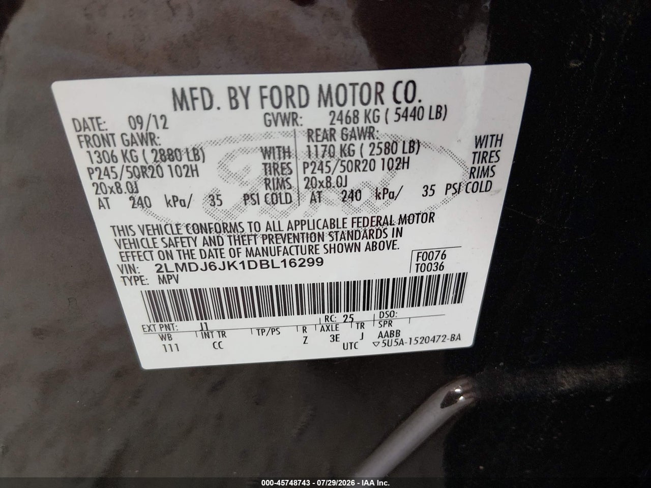 2LMDJ6JK1DB****** · 2013 LINCOLN MKX   · 9/11