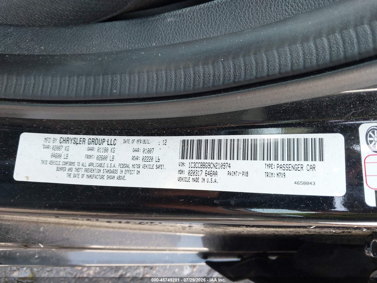 1C3CCBBG9CN****** · 2012 CHRYSLER 200 TOURING · 9/11