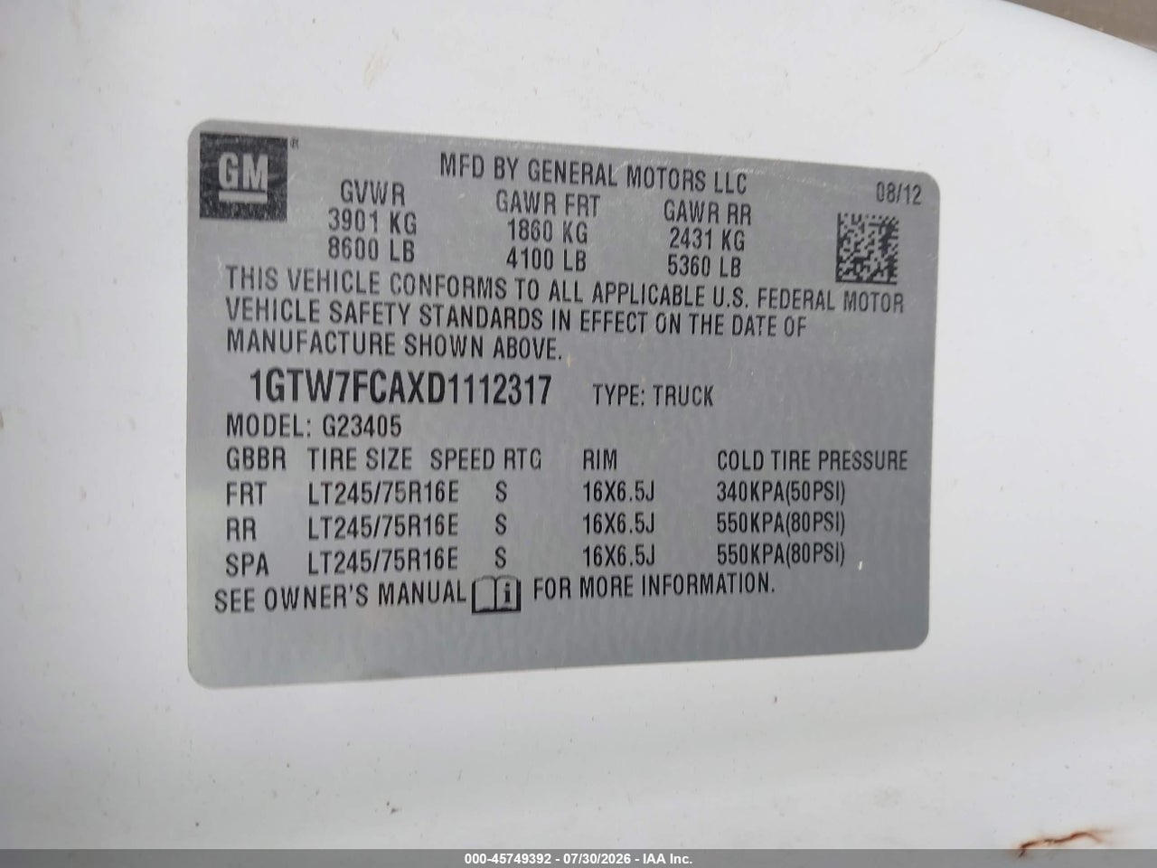 1GTW7FCAXD1****** · 2013 GMC SAVANA 2500 WORK VAN · 9/11