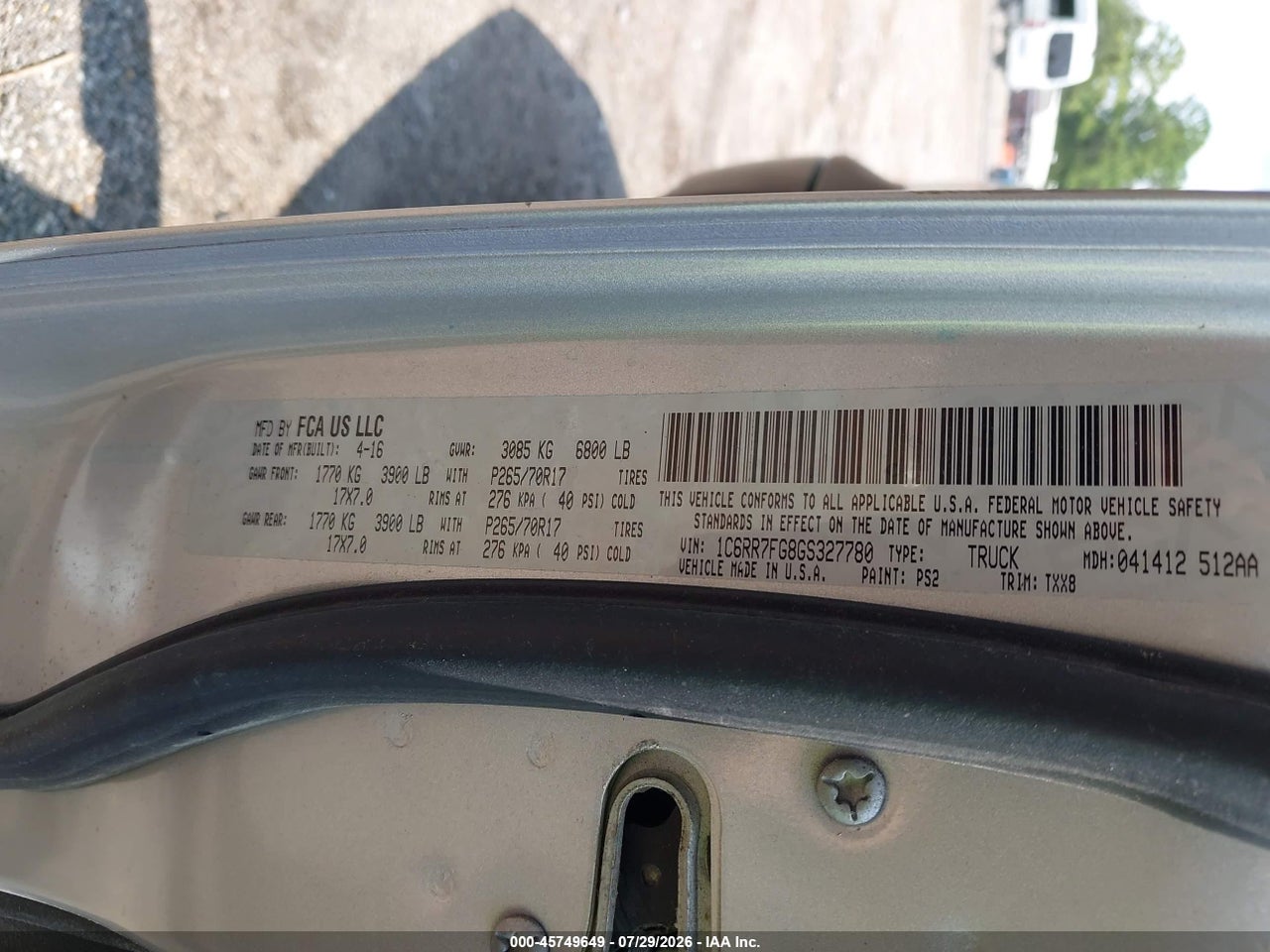 1C6RR7FG8GS****** · 2016 RAM 1500   · 9/11