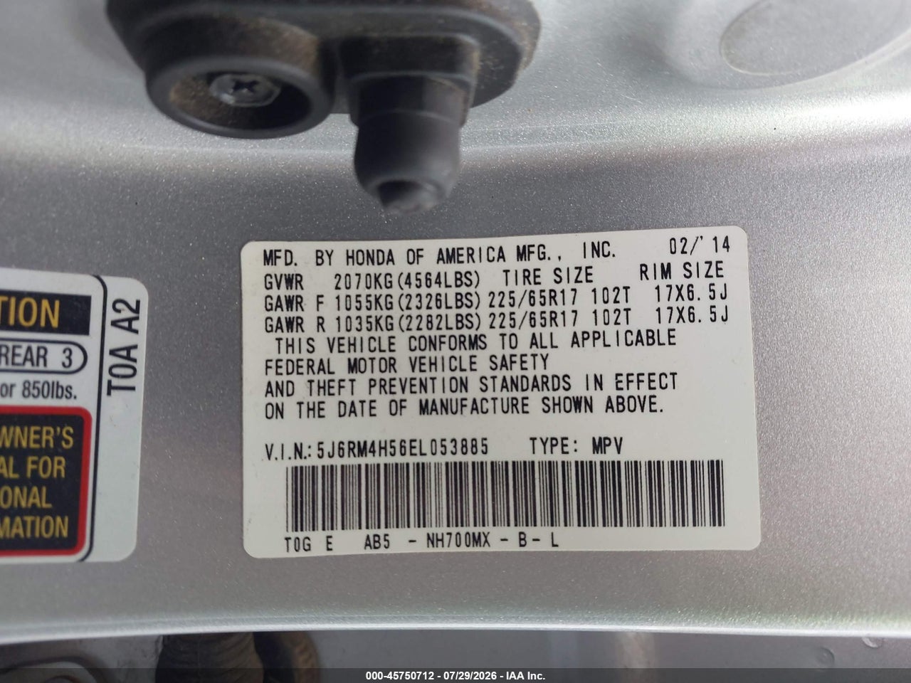 5J6RM4H56EL****** · 2014 HONDA CR-V EX · 9/11