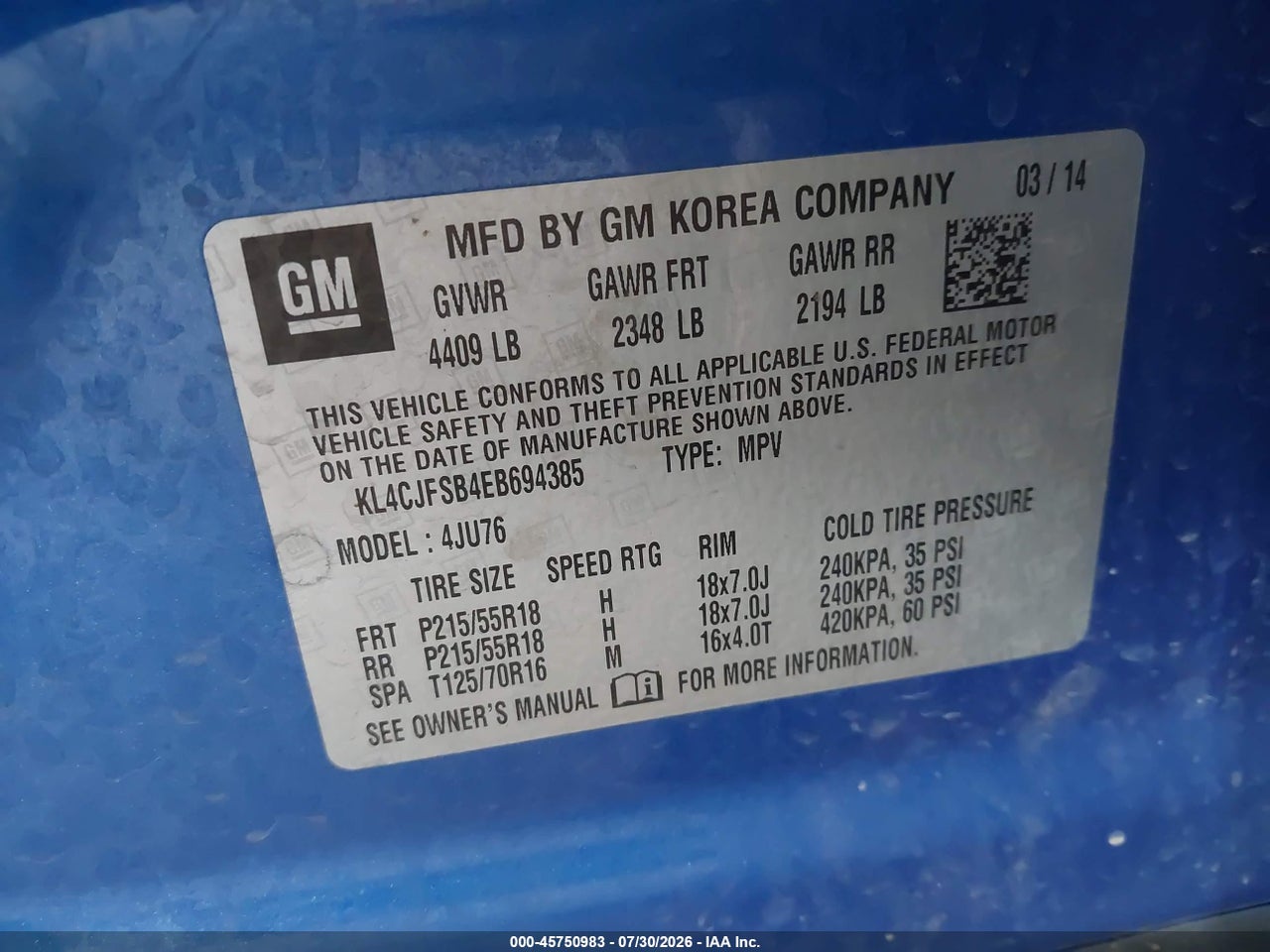 KL4CJFSB4EB****** · 2014 BUICK ENCORE CONVENIENCE · 9/11