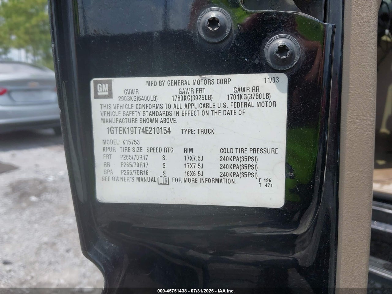 1GTEK19T74E****** · 2004 GMC SIERRA 1500 SLT · 9/11