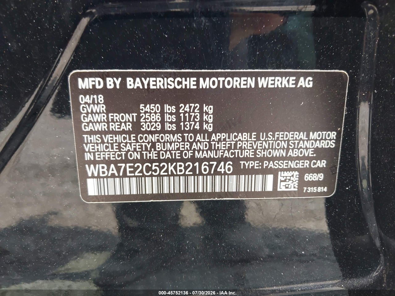 WBA7E2C52KB****** · 2019 BMW 740I   · 9/11