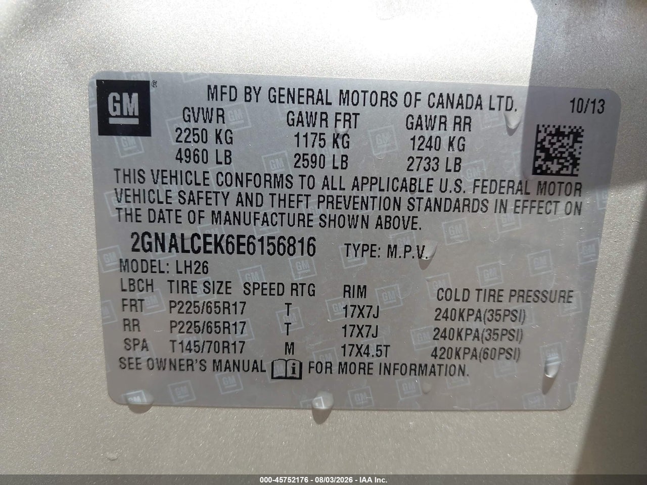 2GNALCEK6E6****** · 2014 CHEVROLET EQUINOX LT · 9/11
