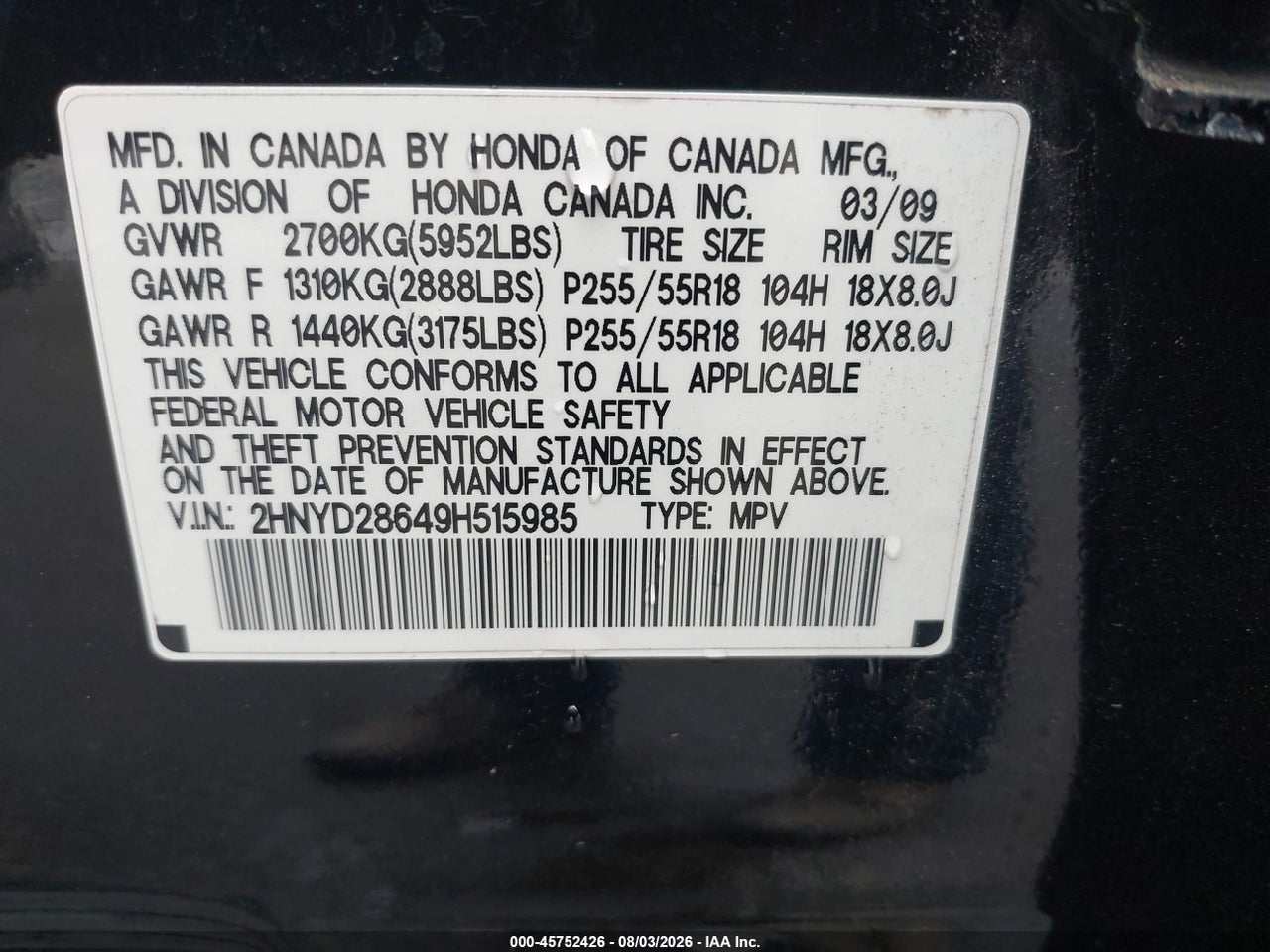 2HNYD28649H****** · 2009 ACURA MDX TECHNOLOGY PACKAGE · 9/11