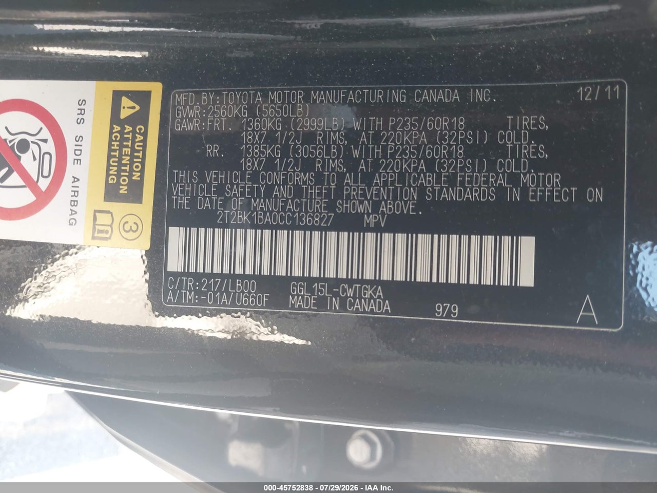 2T2BK1BA0CC****** · 2012 LEXUS RX 350 · 9/11