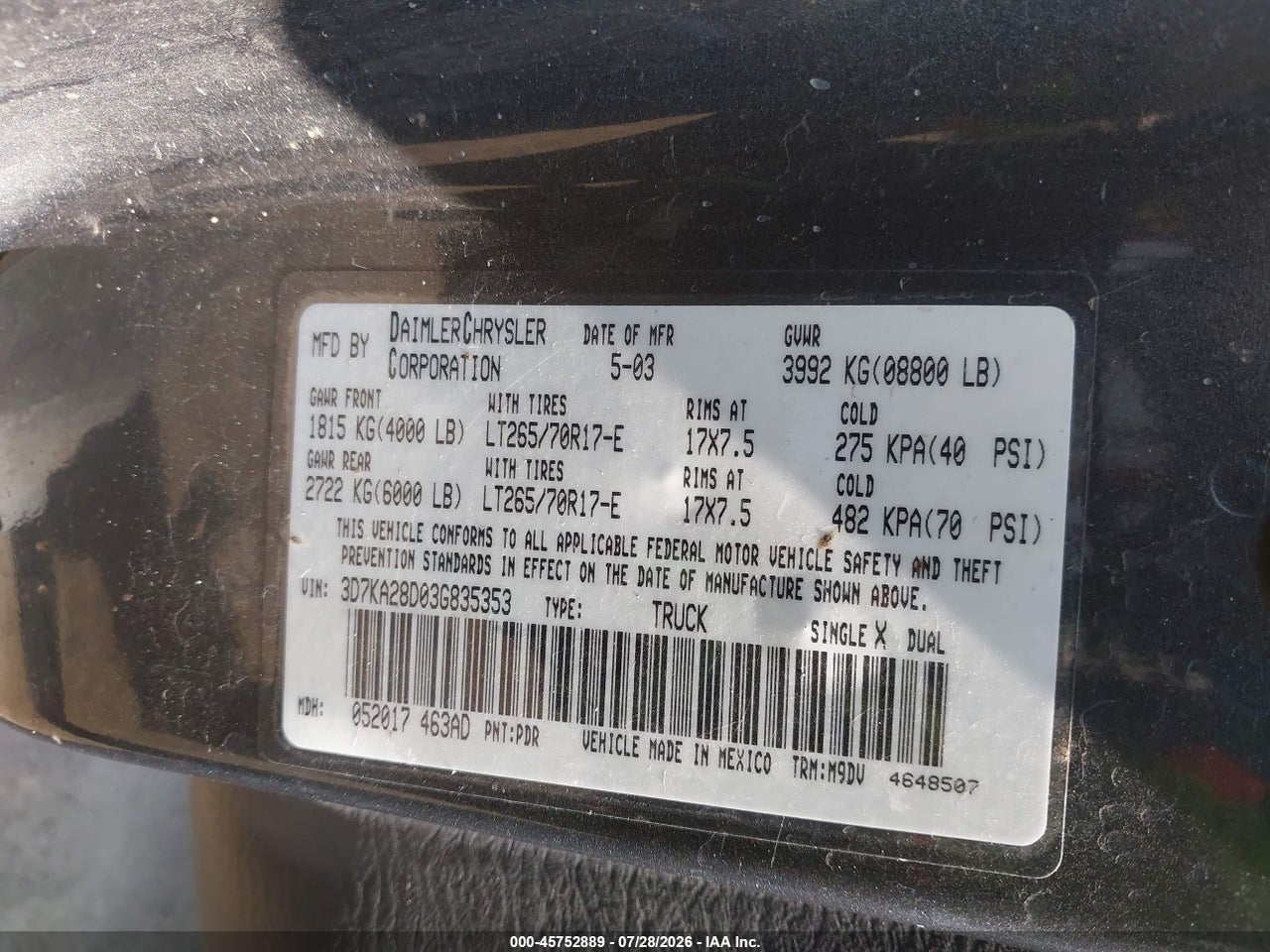 3D7KA28D03G****** · 2003 DODGE RAM 2500 SLT/LARAMIE/ST · 9/11