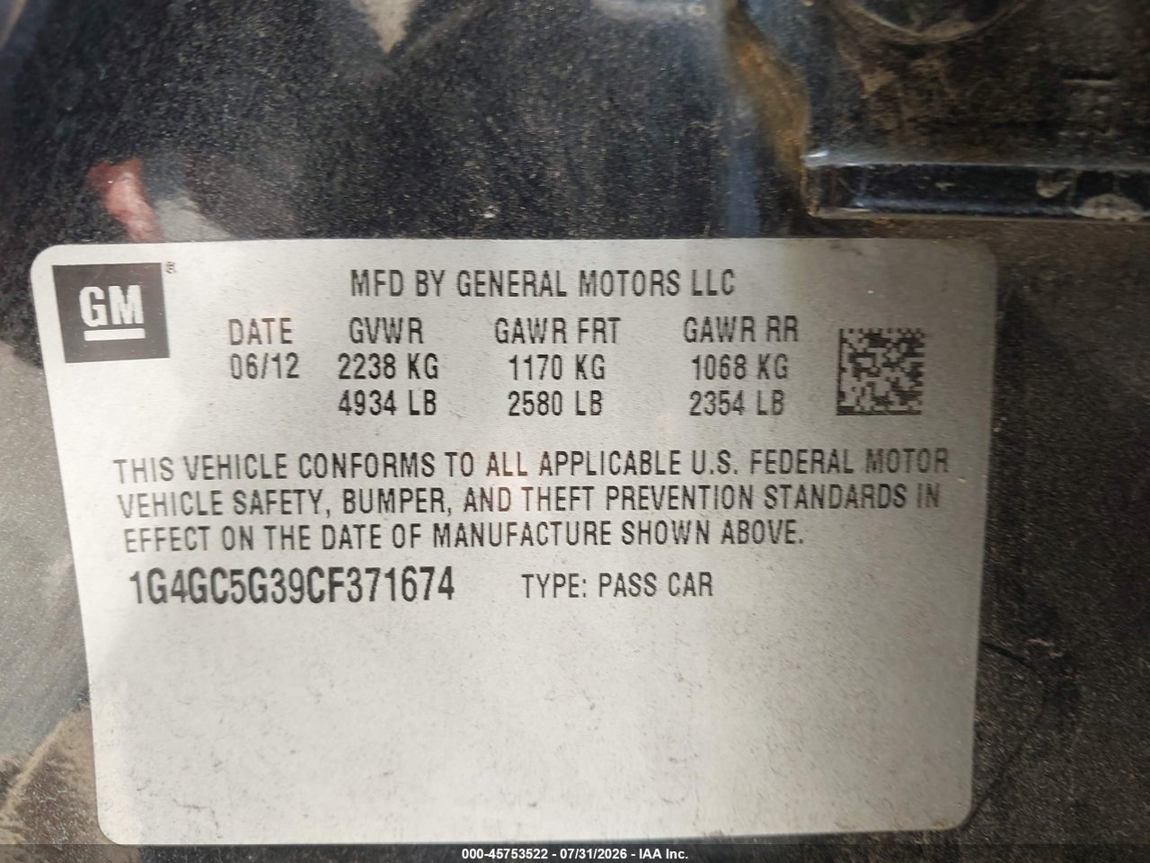 1G4GC5G39CF****** · 2012 BUICK LACROSSE LEATHER GROUP · 9/11