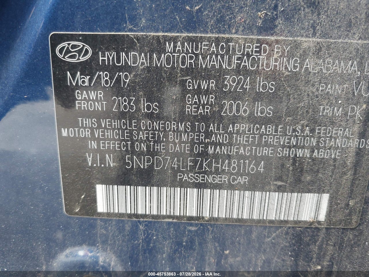 5NPD74LF7KH****** · 2019 HYUNDAI ELANTRA SE · 9/11