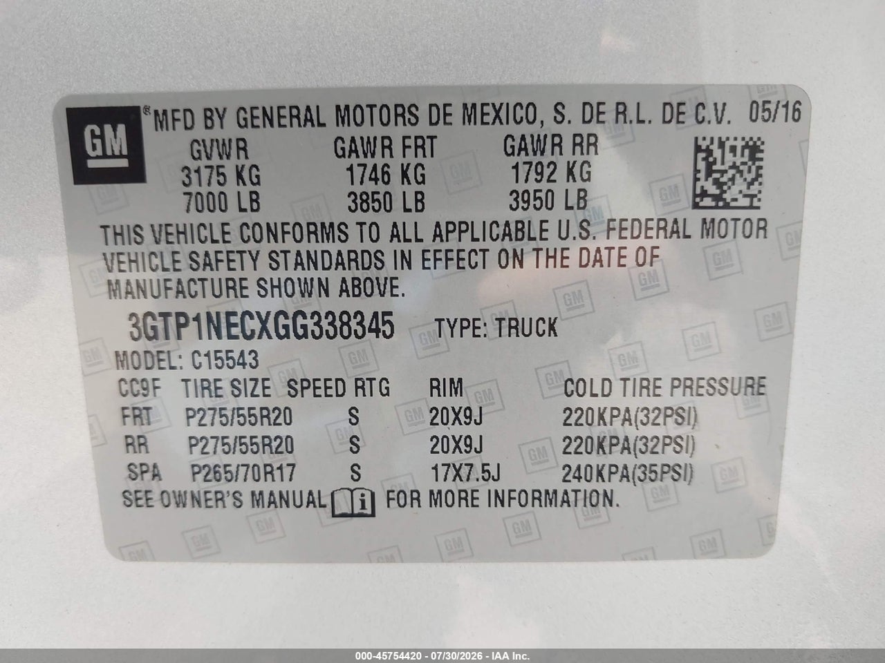 3GTP1NECXGG****** · 2016 GMC SIERRA 1500 SLT · 9/11