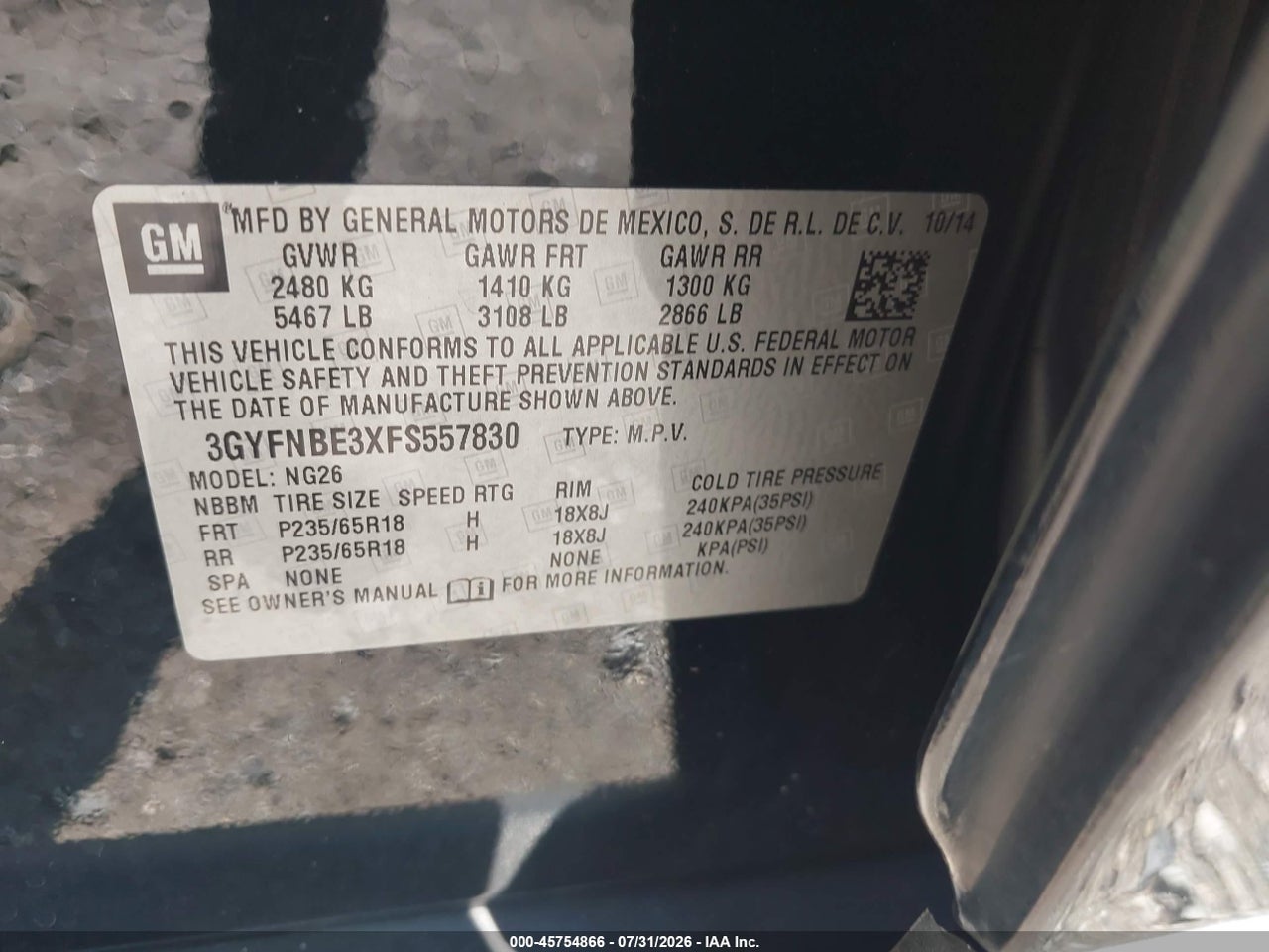 3GYFNBE3XFS****** · 2015 CADILLAC SRX LUXURY COLLECTION · 9/11