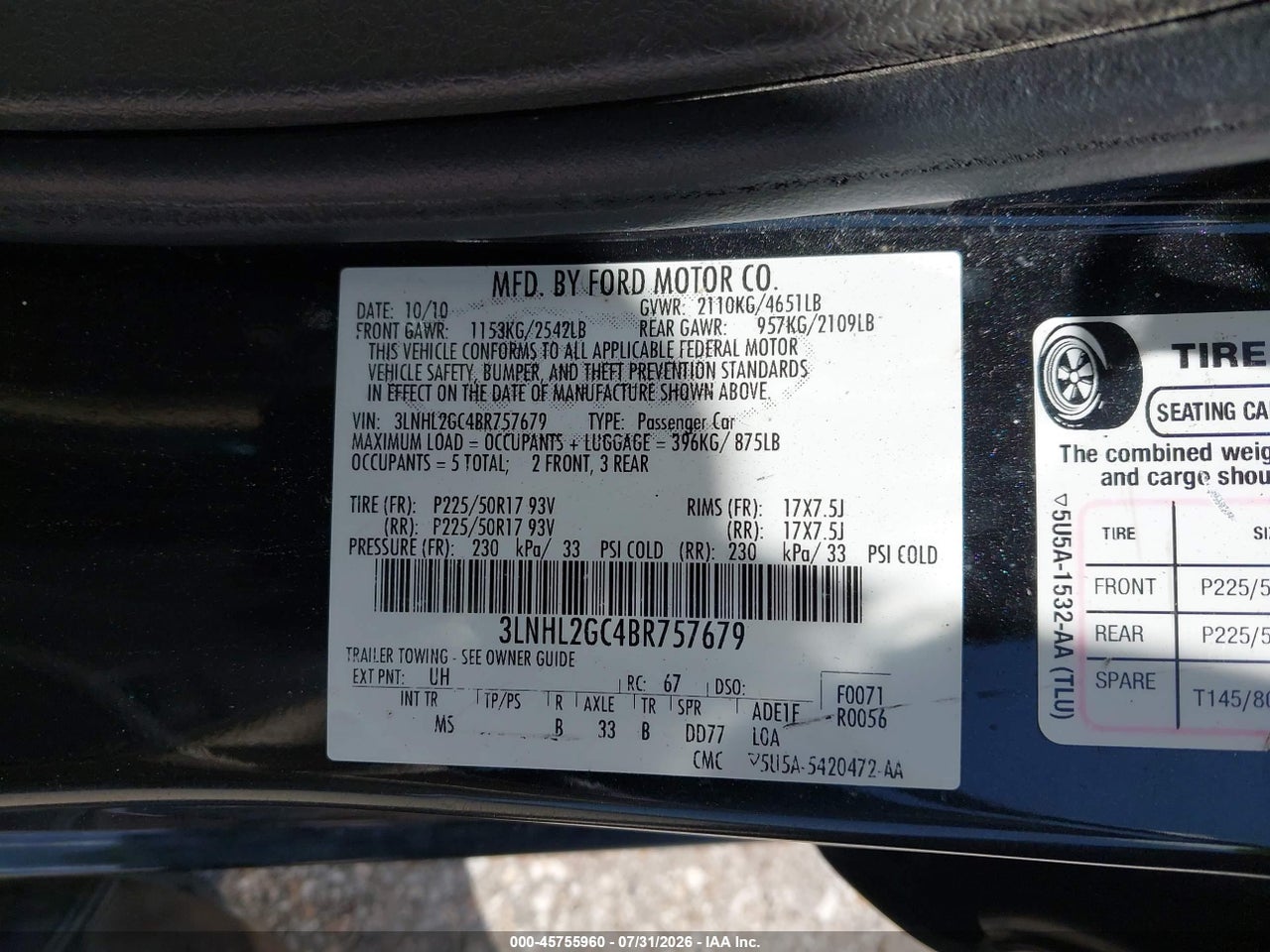 3LNHL2GC4BR****** · 2011 LINCOLN MKZ   · 9/11