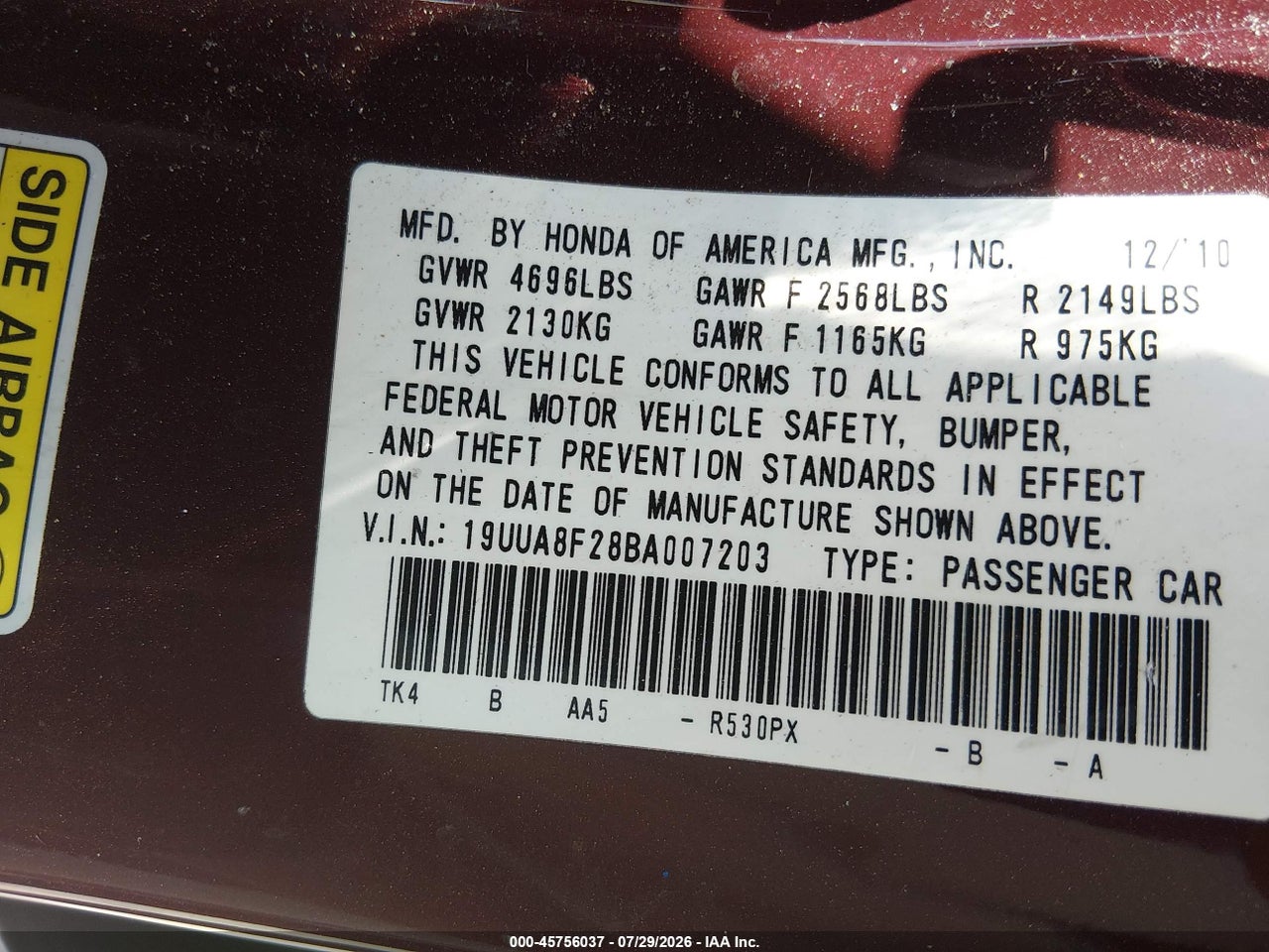 19UUA8F28BA****** · 2011 ACURA TL 3.5 · 9/11
