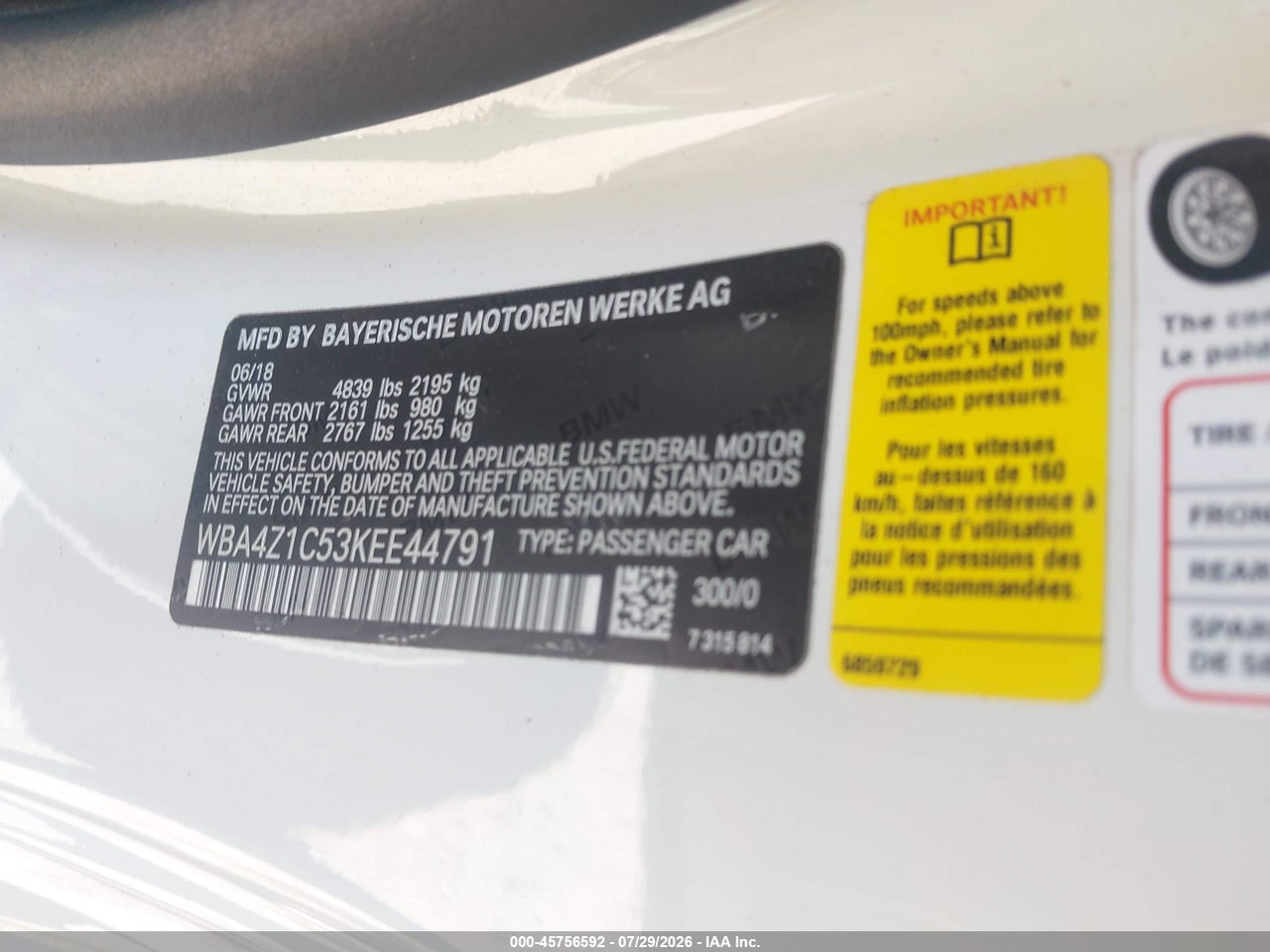 WBA4Z1C53KE****** · 2019 BMW 430I   · 9/11