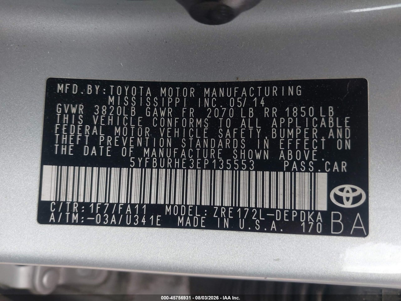 5YFBURHE3EP****** · 2014 TOYOTA COROLLA L · 9/11