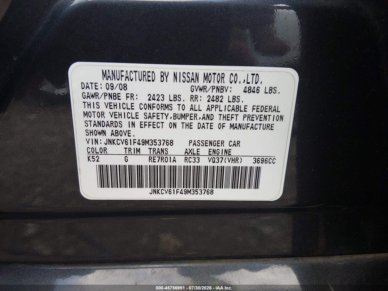 JNKCV61F49M****** · 2009 INFINITI G37X   · 9/11