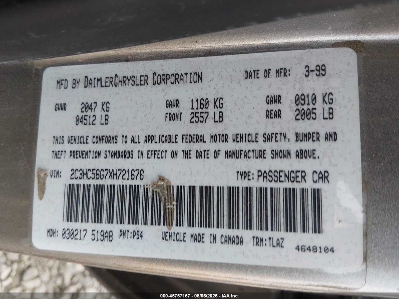 2C3HC56G7XH****** · 1999 CHRYSLER LHS   · 9/11