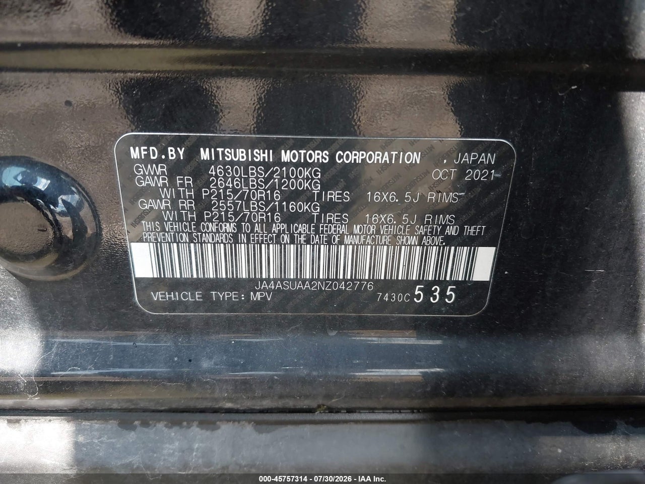 JA4ASUAA2NZ****** · 2022 MITSUBISHI ECLIPSE CROSS ES · 9/11