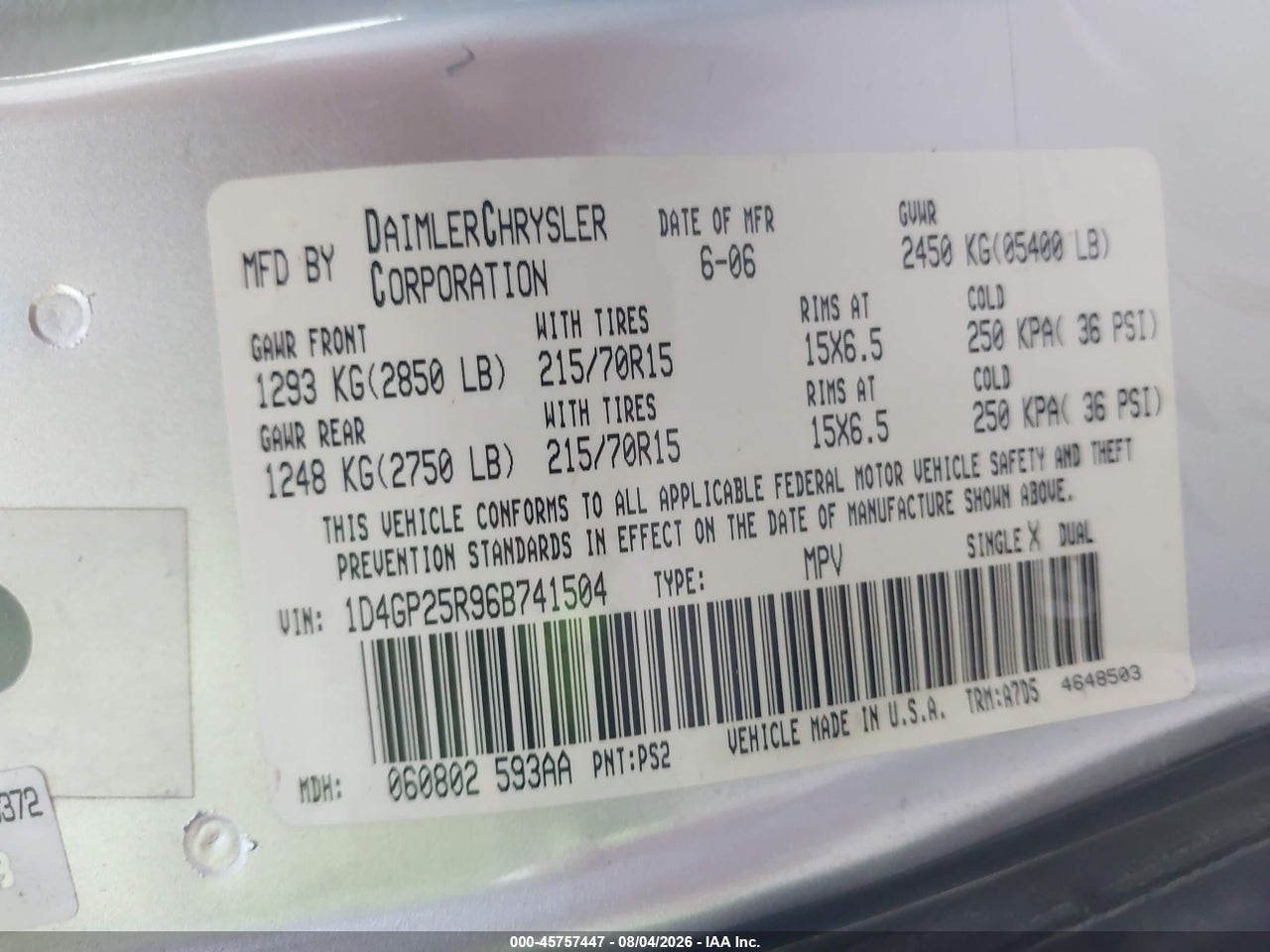 1D4GP25R96B****** · 2006 DODGE CARAVAN SE · 9/11
