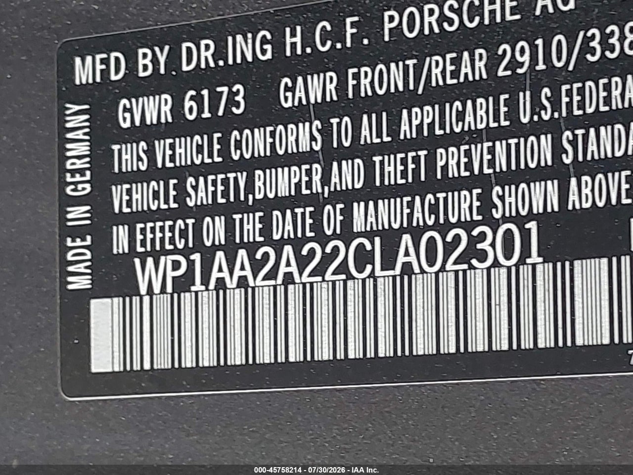 WP1AA2A22CL****** · 2012 PORSCHE CAYENNE   · 9/11