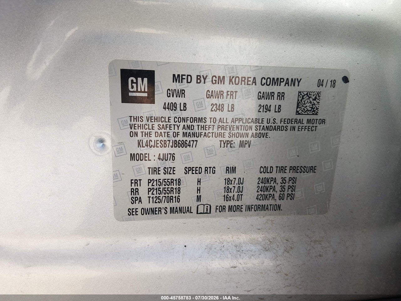 KL4CJESB7JB****** · 2018 BUICK ENCORE PREFERRED · 9/11