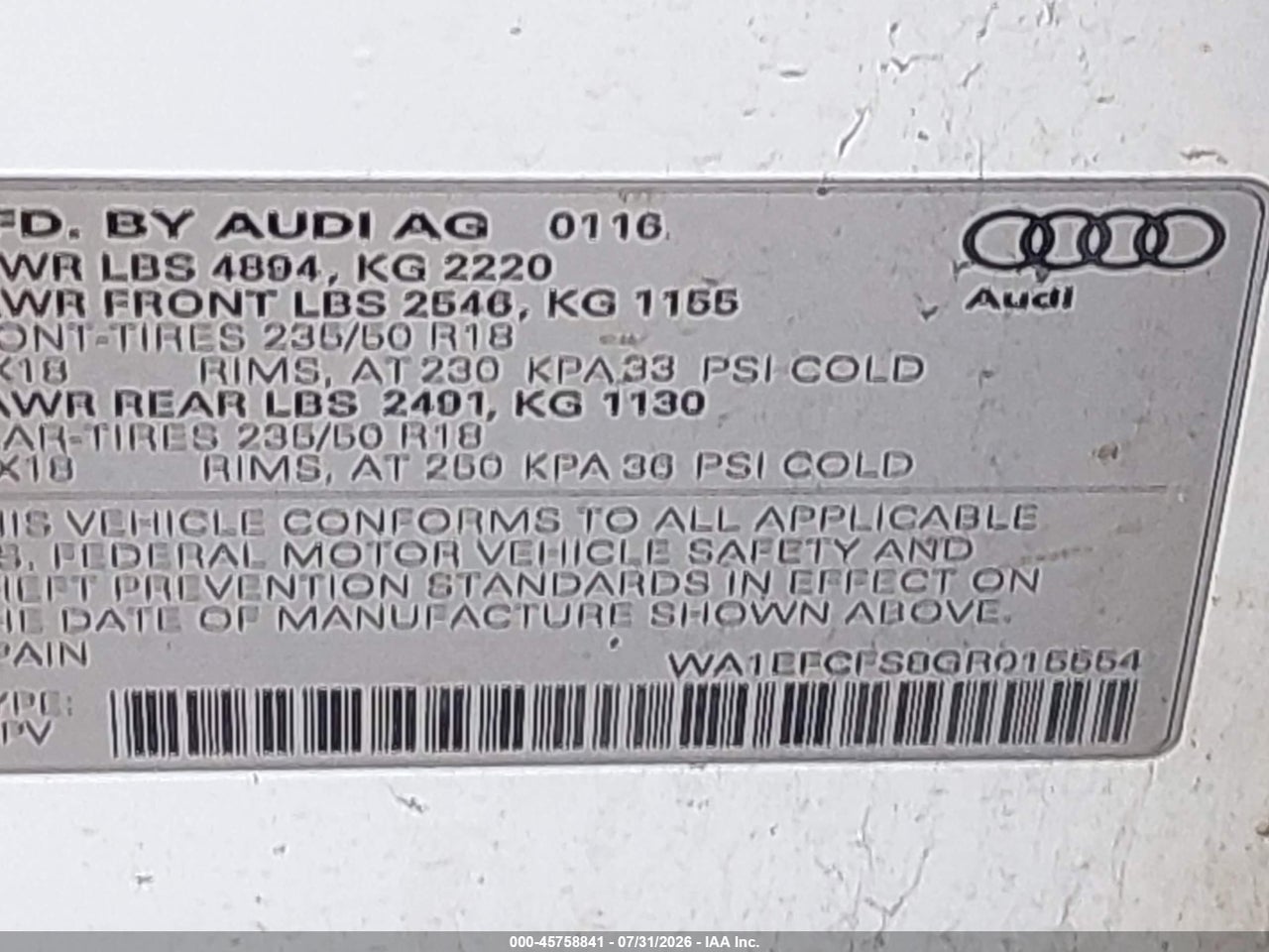 WA1EFCFS8GR****** · 2016 AUDI Q3 2.0T PREMIUM PLUS · 9/11