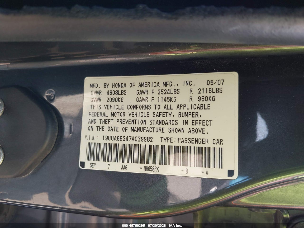 19UUA66247A****** · 2007 ACURA TL 3.2 · 9/11