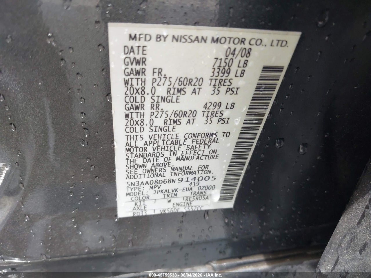 5N3AA08D68N****** · 2008 INFINITI QX56 · 9/11