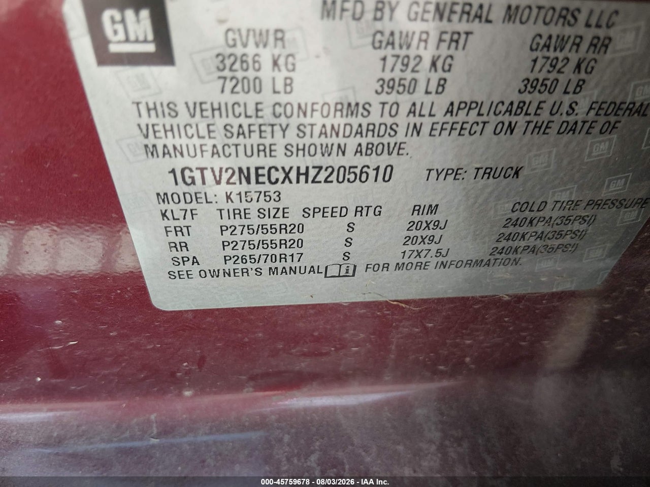 1GTV2NECXHZ****** · 2017 GMC SIERRA 1500 SLT · 9/11