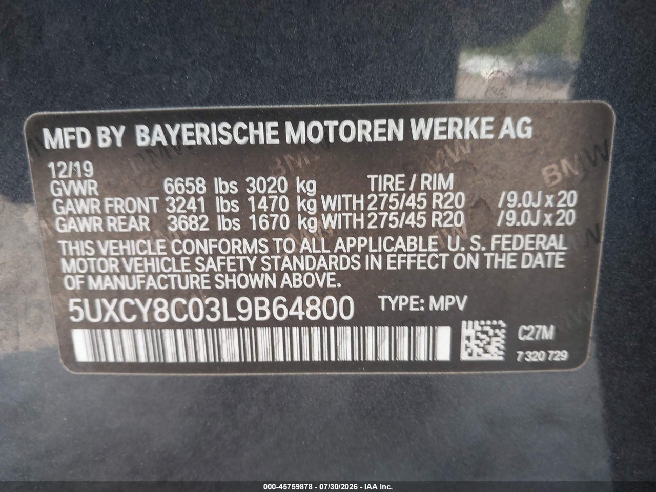 5UXCY8C03L9****** · 2020 BMW X6 M50I · 9/11