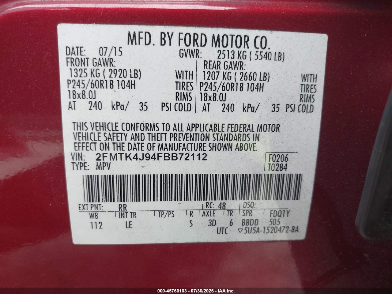 2FMTK4J94FB****** · 2015 FORD EDGE SEL · 9/11