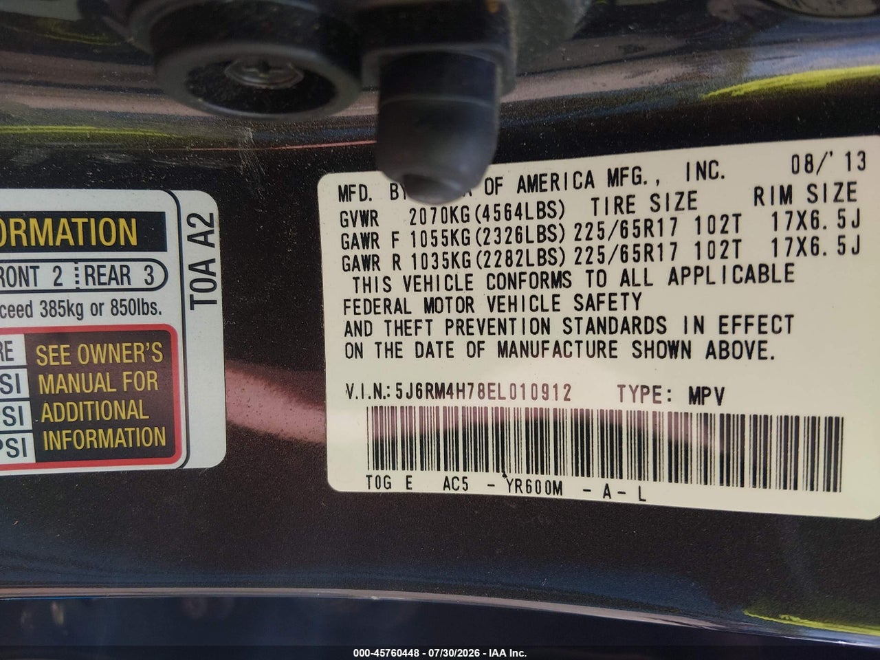 5J6RM4H78EL****** · 2014 HONDA CR-V EX-L · 9/11