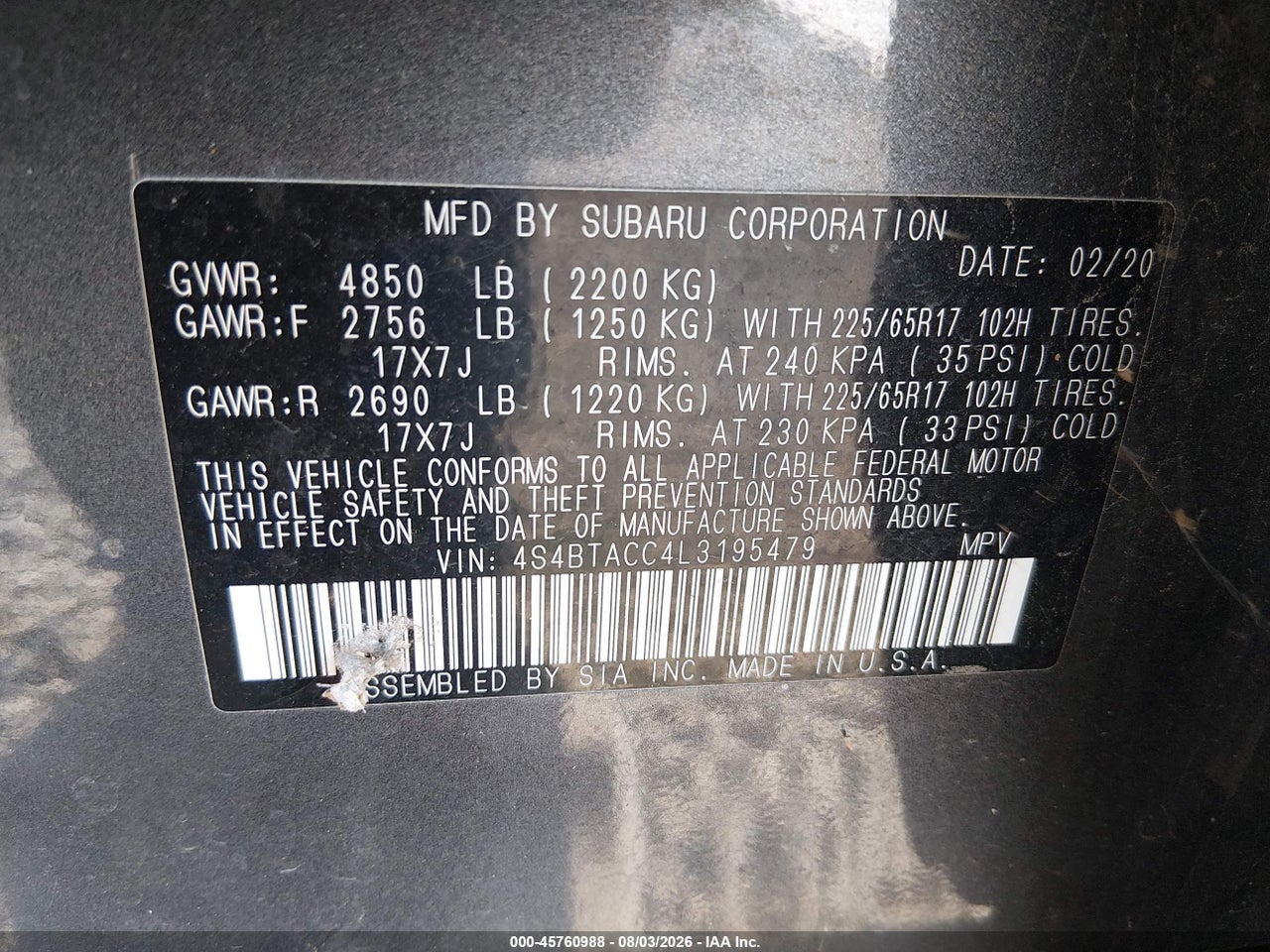 4S4BTACC4L3****** · 2020 SUBARU OUTBACK PREMIUM · 9/10