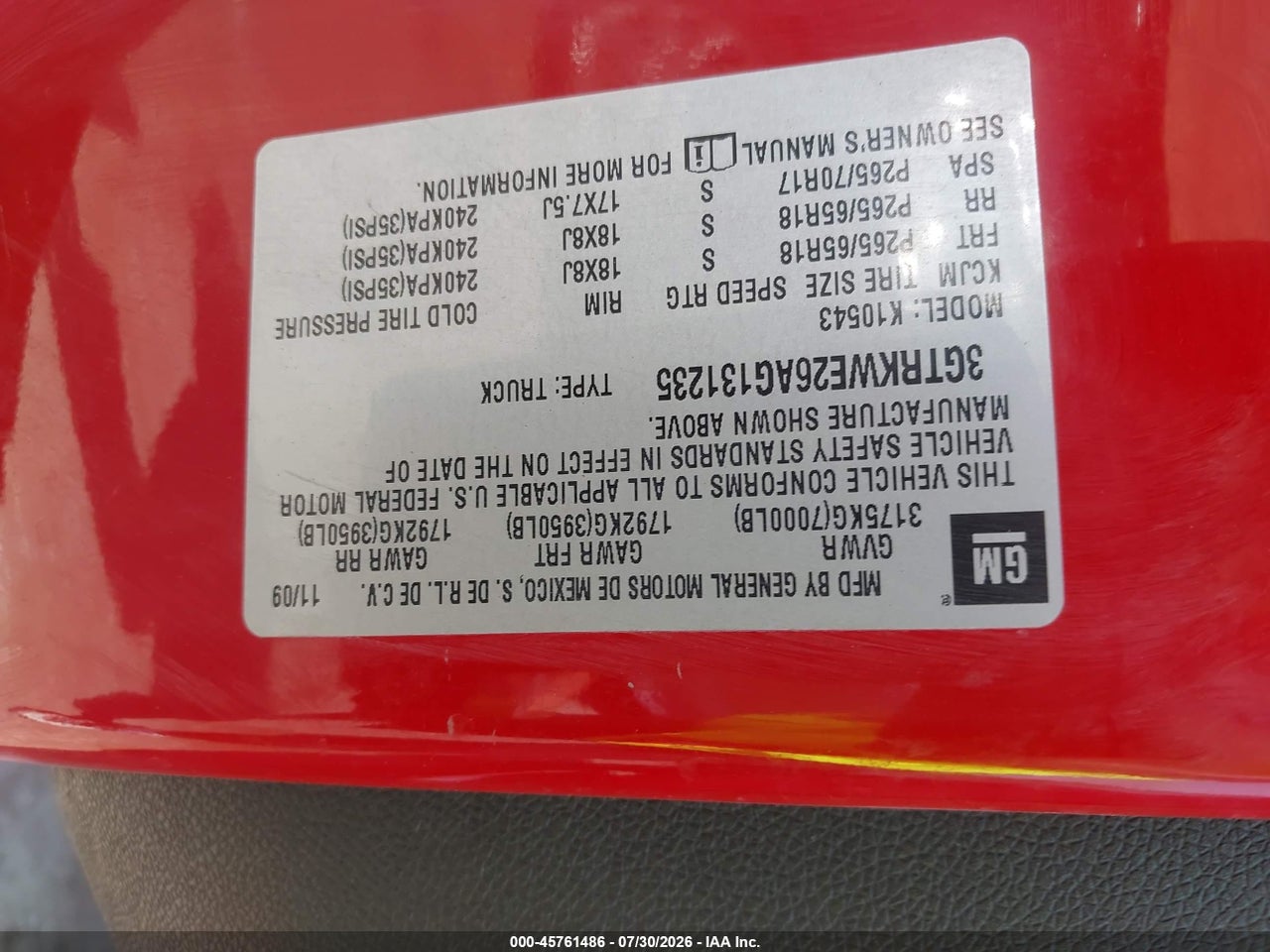 3GTRKWE26AG****** · 2010 GMC SIERRA 1500 SLT · 9/11