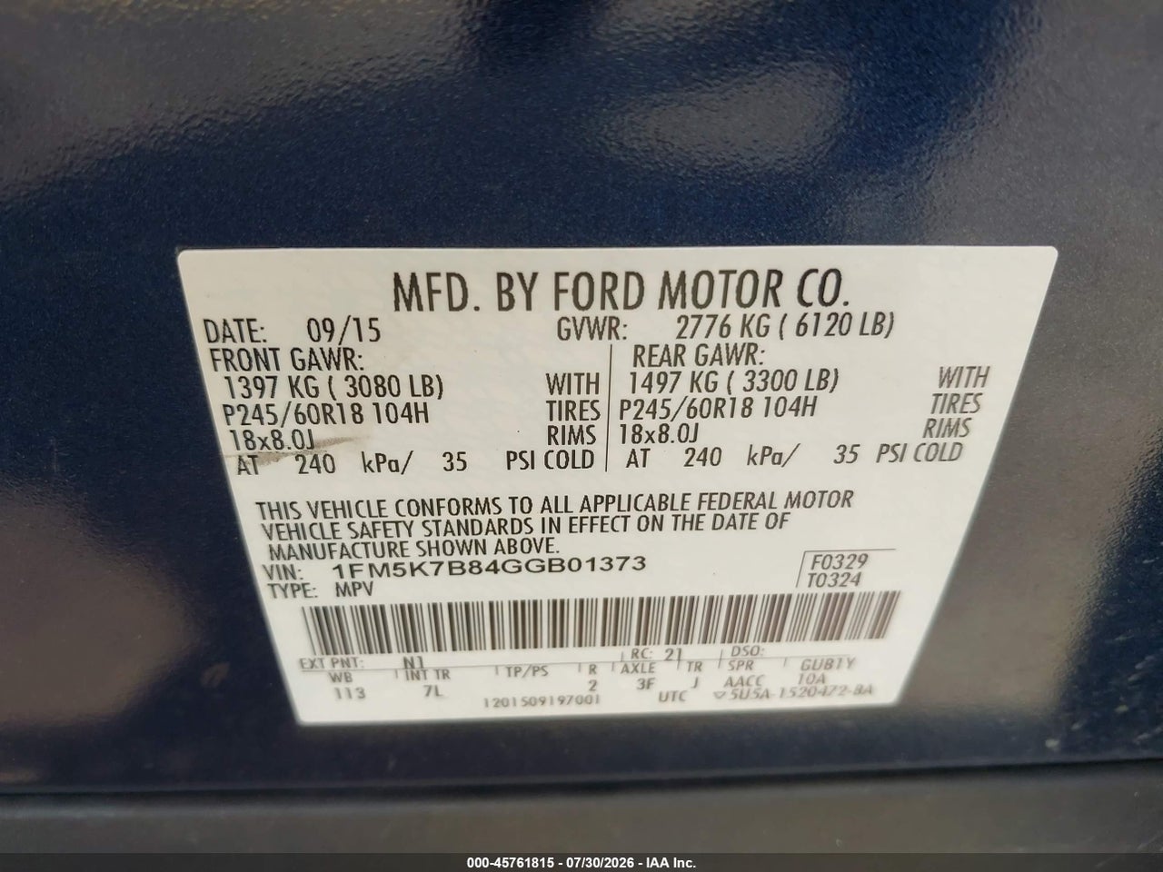 1FM5K7B84GG****** · 2016 FORD EXPLORER   · 9/11